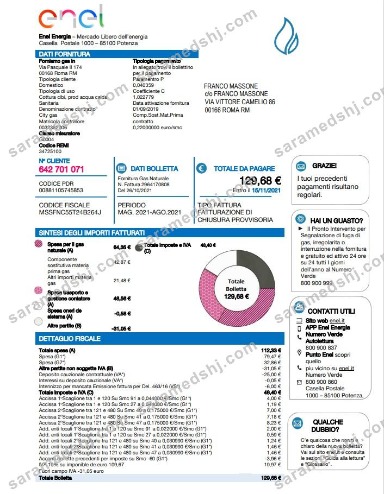 Italy Enel Energia utility bill template in Word and PDF format